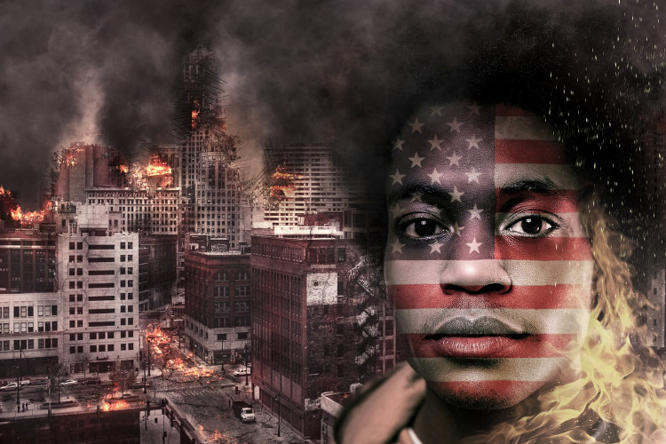 Black man with American flag face and burning city